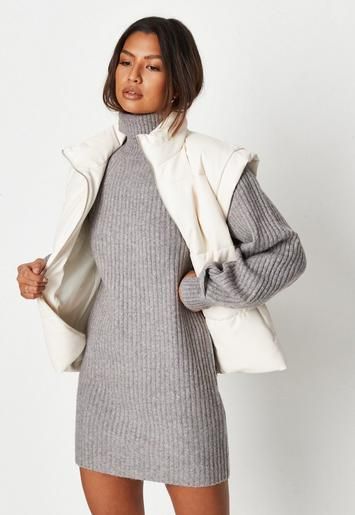 Recycled Grey Tuck Sleeve Roll Neck Knit Dress | Missguided (UK & IE)