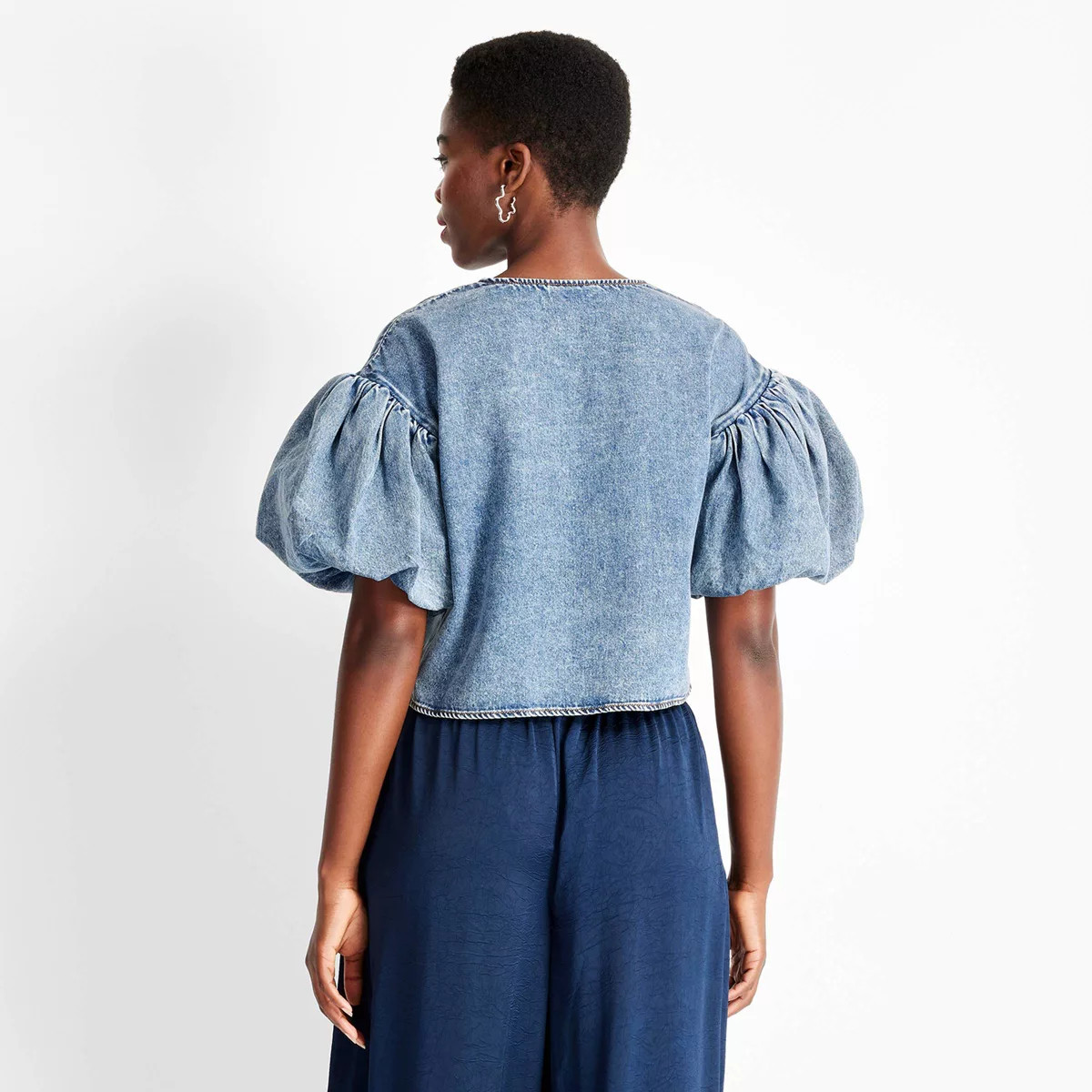 Women's Puff Short Sleeve Denim Top - Future Collective Medium Wash | Target