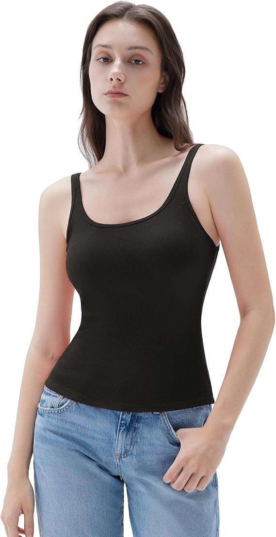 SUUKSESS Women Padded Cotton Ribbed Long Tank Tops 2025 Summer Going Out Basic Scoop Neck Cami To... | Amazon (US)