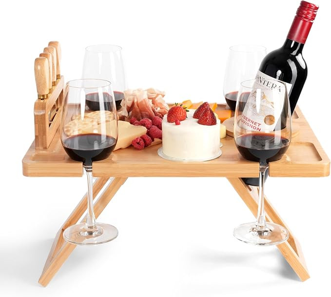 Charcuterie Picnic Table with Wine Glass Holder, Portable Wine & Cheese Board, 4-Piece Cheese Kni... | Amazon (US)