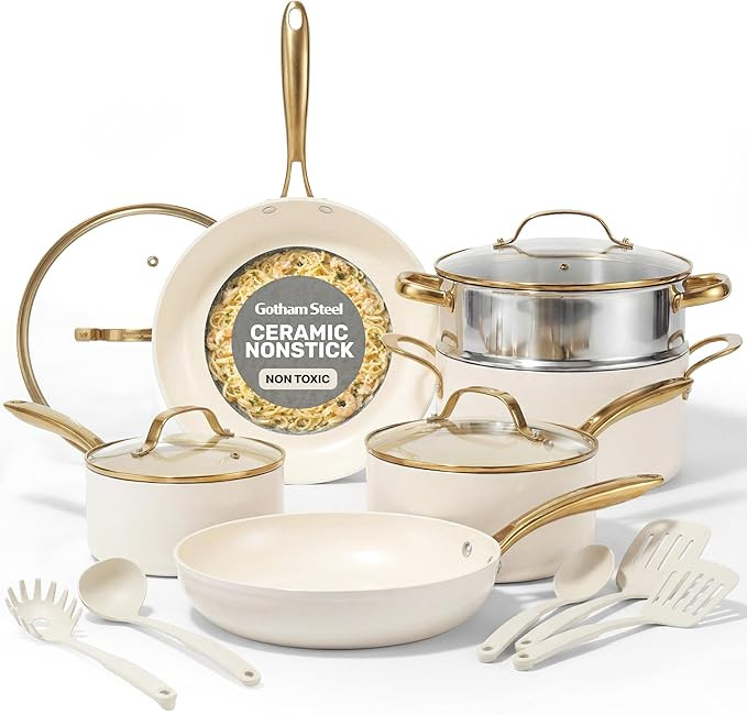 Gotham Steel 15 Pc Ceramic Cookware Set, Ceramic Pots and Pans Set Non Stick with Cooking Utensil... | Amazon (US)