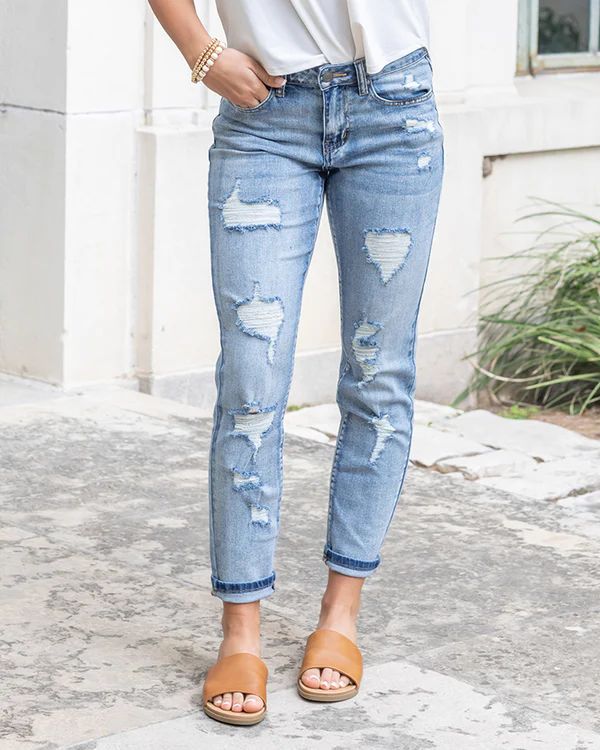 New Distressed Girlfriend Denim in Mid-Wash | Grace and Lace
