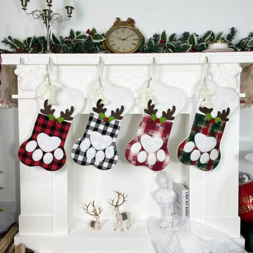 SherryDC Dog Paw Bone Christmas Stockings, 4 Packs Plaid Hanging Socks for Holiday and Christmas Decorations | Amazon (US)