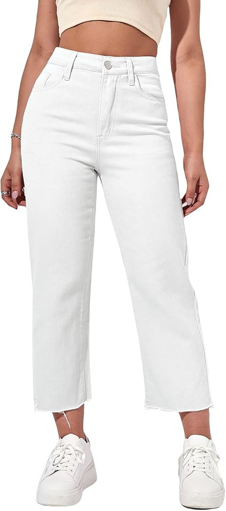 WDIRARA Women's Raw Hem High Waisted Simple Straight Leg Pants Crop Denim Jeans | Amazon (US)