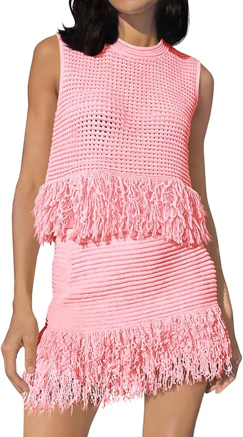 Fisoew Womens 2 Piece Crochet Outfits Sleeveless Knit Sweater Tops Fringe Skirts Summer Vacation ... | Amazon (US)