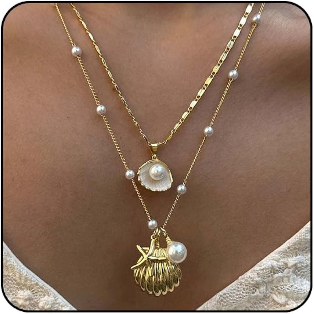 Starfish Necklace Gold Beach Jewelry for Women Pearl Seashell Necklace Cowrie Shell Beach Necklac... | Amazon (US)