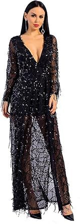 Miss ord Women Deep V Neck Long Sleeve Split Sequined Maxi Party Cocktail Dress | Amazon (US)