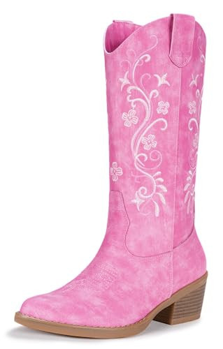 Vepose Women's Cowgirl Boots, Mid-Calf Pull on Embroidered Western Pink Fashion Stitched Cowboy Boots with Chunky Block Heel and Pointy Toe, 9802 Size 9.5 US (CJY9802 pink 09.5) | Amazon (US)