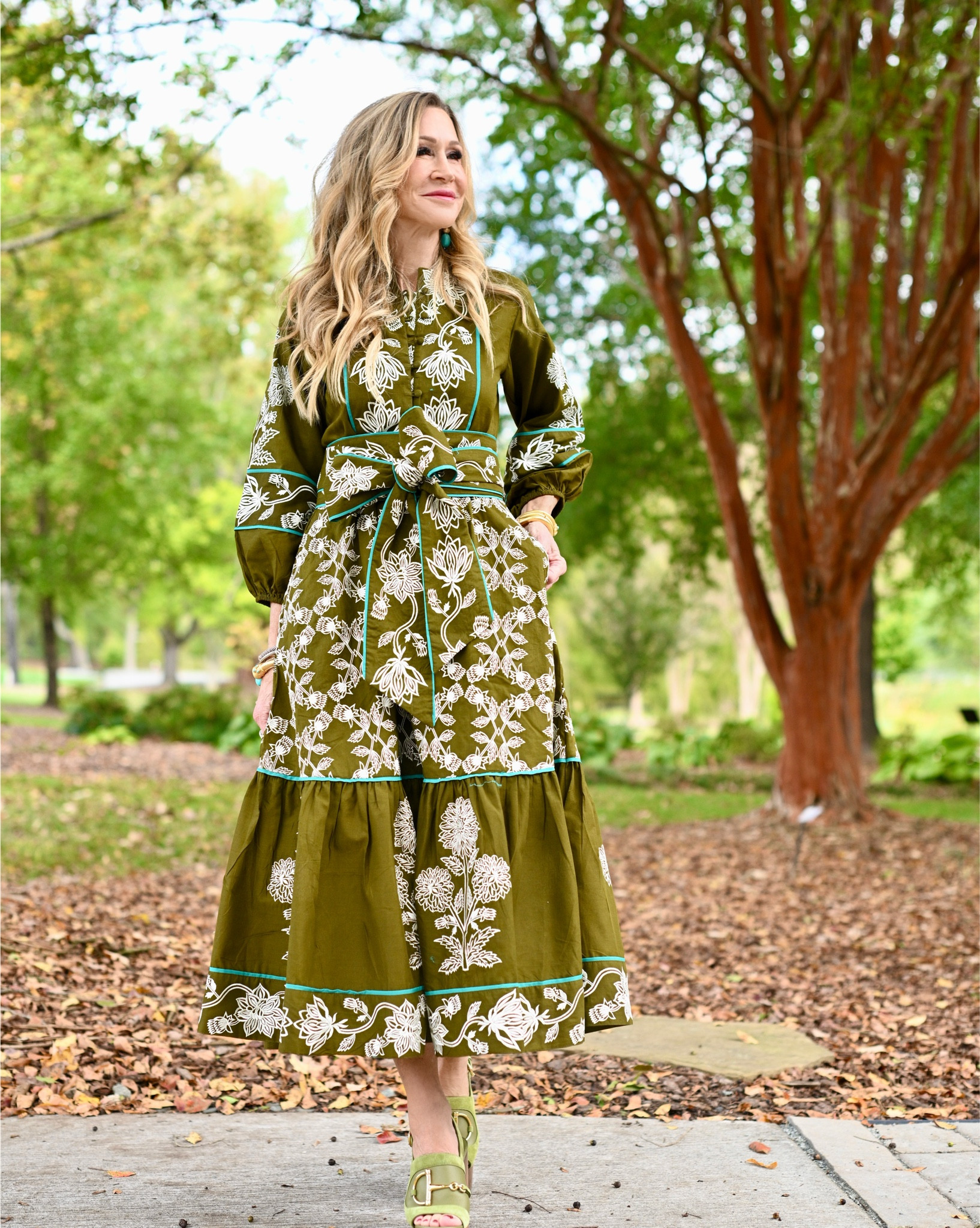 This gorgeous moss green dress - embroidered with white silk thread is from Sue Sartor.  It’s luxurious and even more beautiful paired with green suede Gucci sandals and turquoise jewelry from Julie Vos!

#LTKStyleTip #LTKSeasonal #LTKShoeCrush