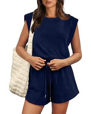 OFEEFAN Rompers for Women Summer Cap Sleeve Adjustable Drawstring Waistband Crewneck Casual Outfi... | Amazon (US)