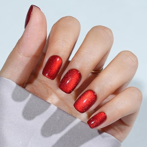 Press On Nails Short - Red Press On Nails Cat Eye Acrylic Square Red Nails with Nail Glue, Fit Perfectly Stick On Nails in 16 Sizes - 32PCS Soft Gel Kit,Crimson Fang | Amazon (US)