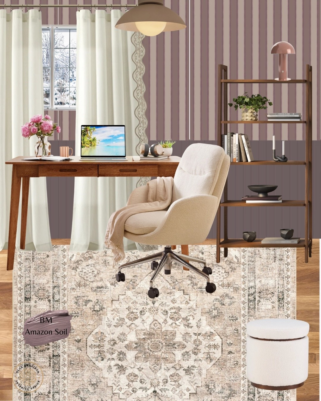 Cosy home office, who says that home office should be boring?! Gorgeous wallpaper, beautiful office chair, affordable desk, vintage rug, mid-century modern bookshelf, storage ottoman, scalloped curtain. #homedecor #homeoffice

#LTKHome #LTKdayinmylife #LTKWorkwear