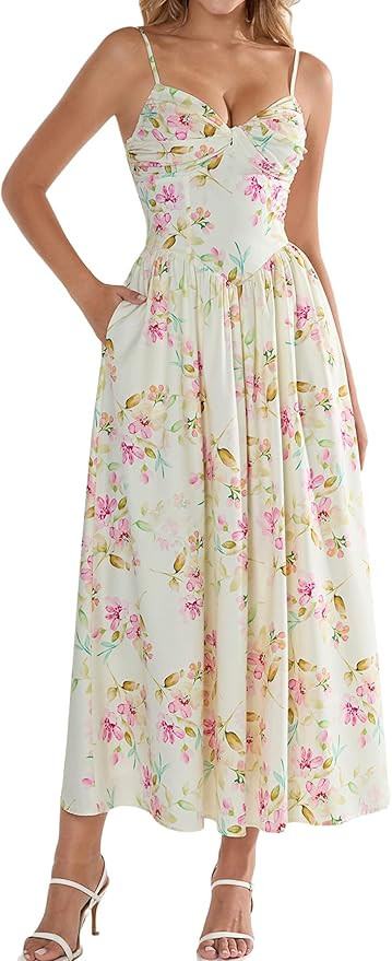EYNMIN Women's Floral Midi Corset Dresses Flowy Spaghetti Strap Smocked 2026 Summer Spring Weddin... | Amazon (US)