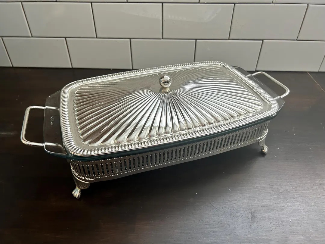 Vintage Pyrex Silverplate Serving Warming Casserole Footed Dish - Etsy | Etsy (US)