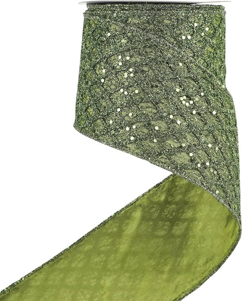 HUIHUANG Glitter Moss Green Diamond Wired Christmas Ribbon 4" x 10 Yds | Amazon (US)