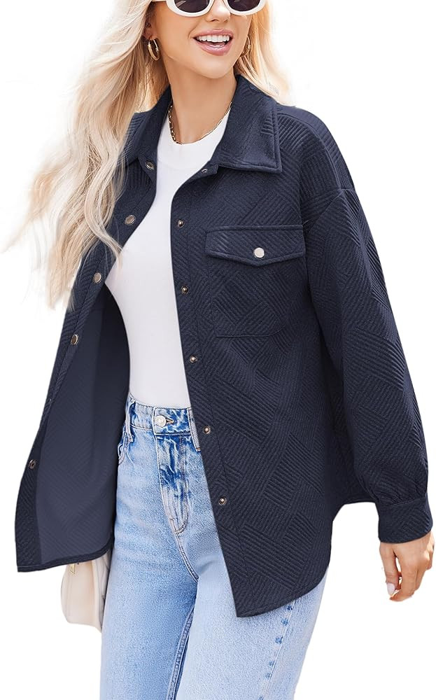 Women Shacket Jacket with Pockets Casual Fall Coat Long Sleeve Shirts Button Down Collared Winnte... | Amazon (US)