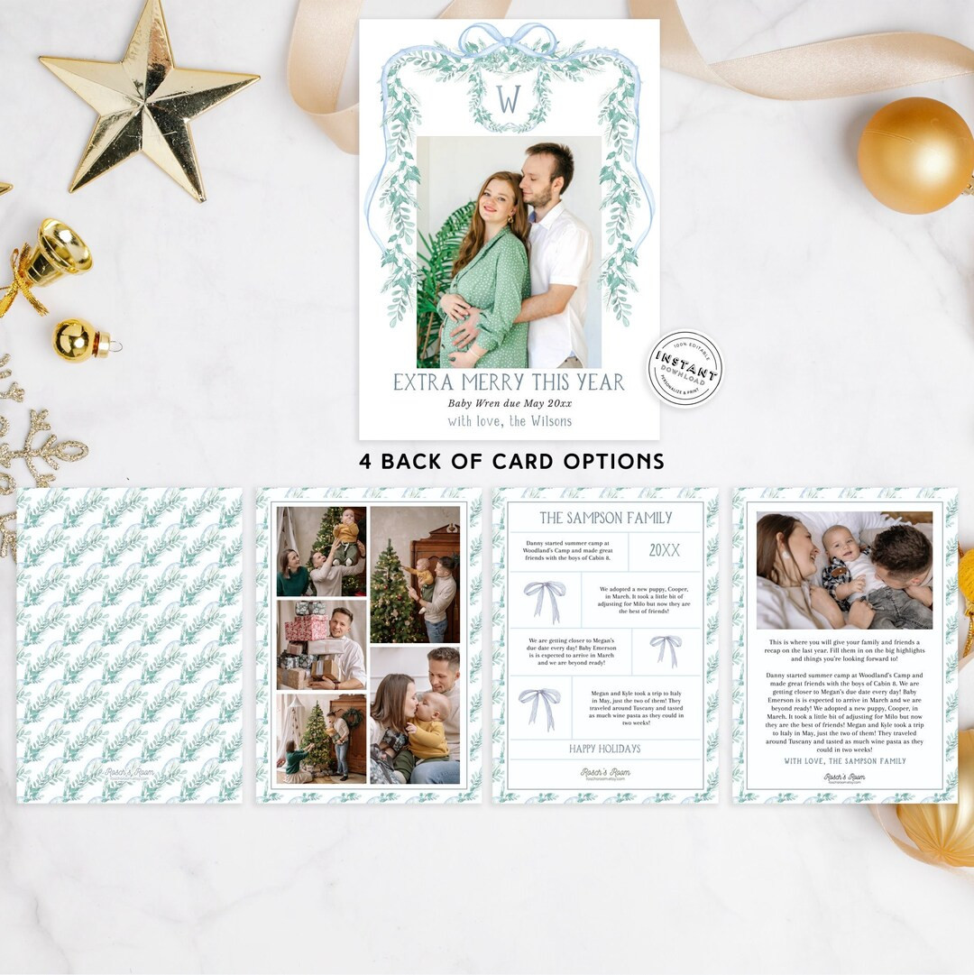 Pregnancy Announcement Blue Ribbon Christmas Card Template | Preppy Maternity Christmas Card | Cl... | Etsy (US)