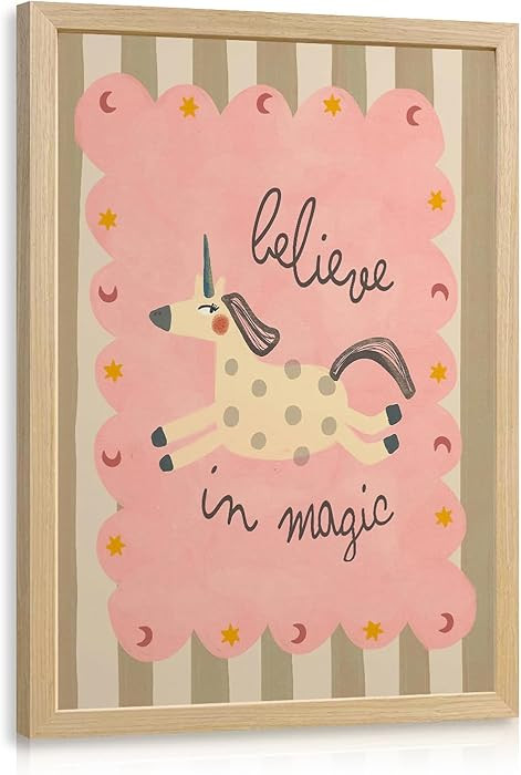 LERVR Wood Framed Unicorn Nursery Wall Art, Cute Pink Kids Room Decor, Believe in Magic Unicorn C... | Amazon (US)