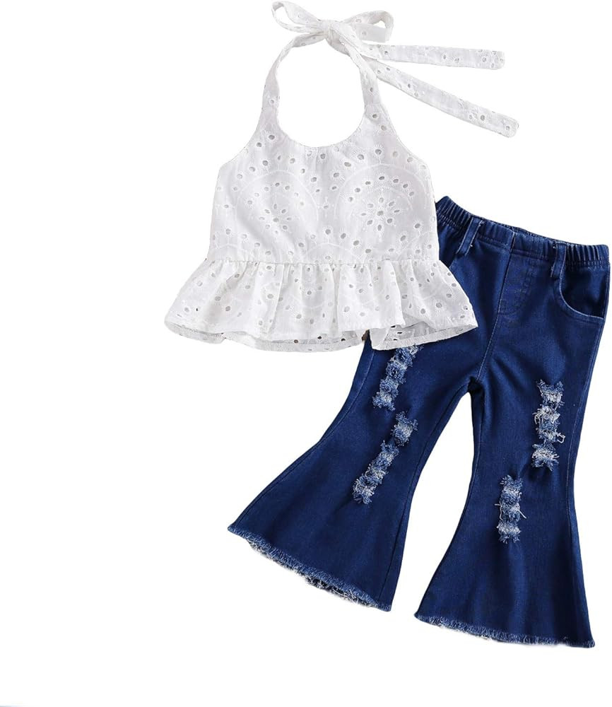 Amazon.com: Little Toddler Baby Girl Lace Ruffle Halter Vest Sleeveless Shirt Crop Tops Ripped Be... | Amazon (US)