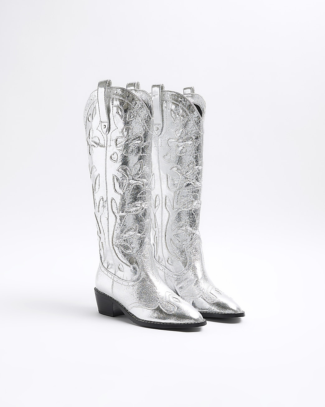 Silver western knee high boots | River Island (UK & IE)
