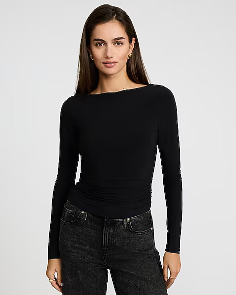 Boat Neck Long Sleeve Ruched Tee | Express