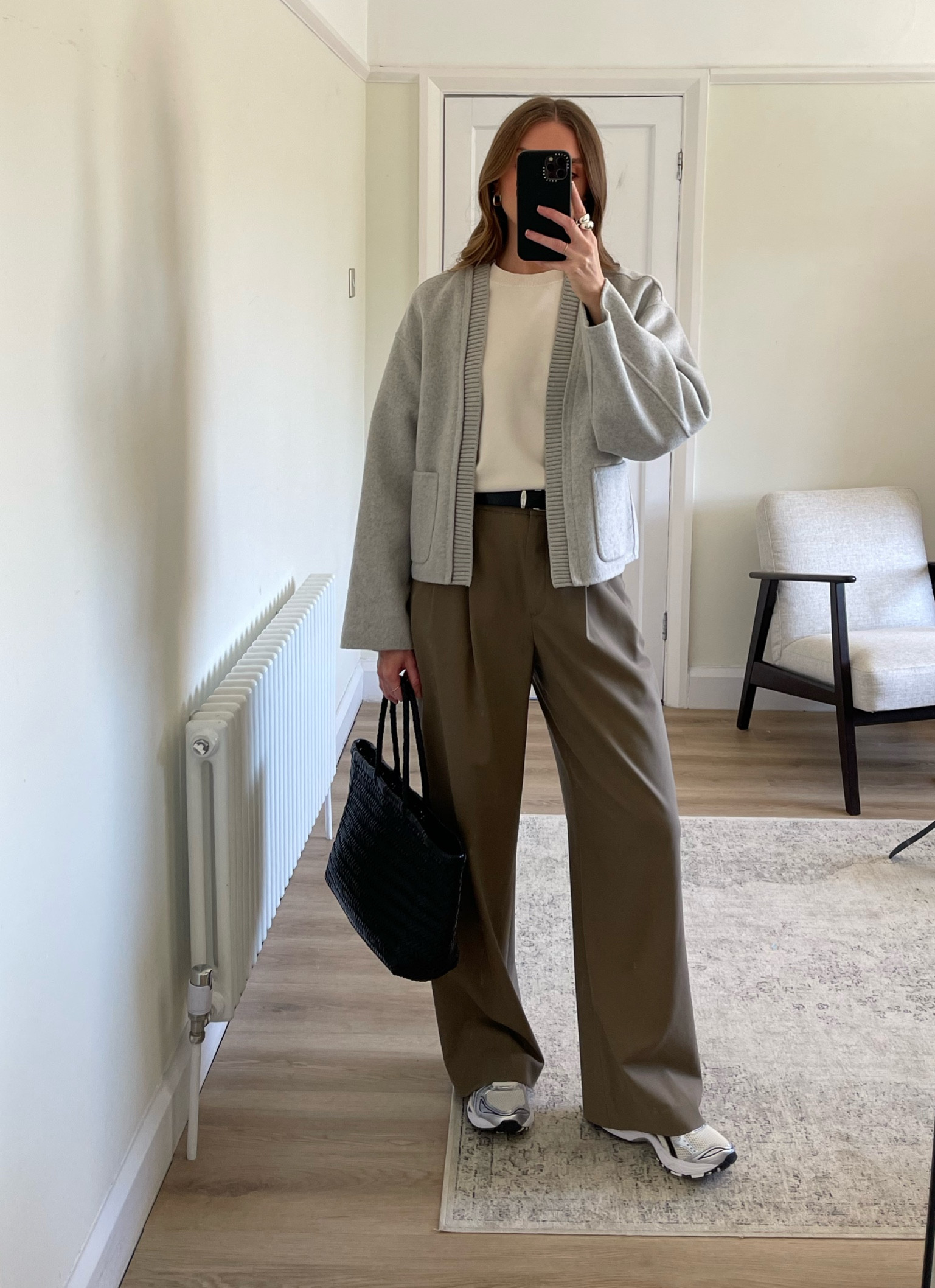 Grey jacket styling 
Medium in the Mint Velvet jacket 
Cream knitted t-shirt 
36 in the & other stories brown/mole colour trousers
I’m 5ft 6 
ASICS gel kayano trainers
Dragon diffusion black woven bag 

Ways to wear, outfit inspiration, wardrobe staples, trainer outfit, casual everyday outfit 

#LTKeurope #LTKuk #LTKautumn