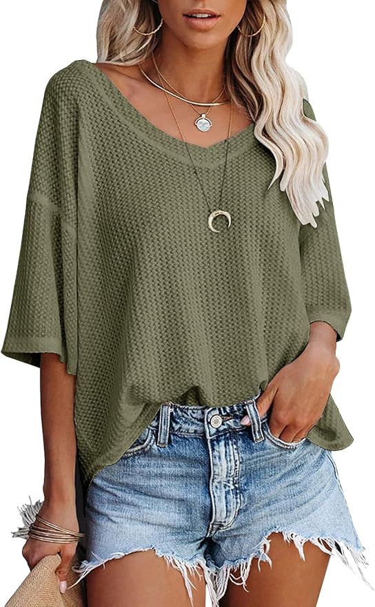 MEROKEETY Women's V Neck Batwing Half Sleeve Shirts Waffle Knit Loose Blouse Solid Color Tops | Amazon (US)