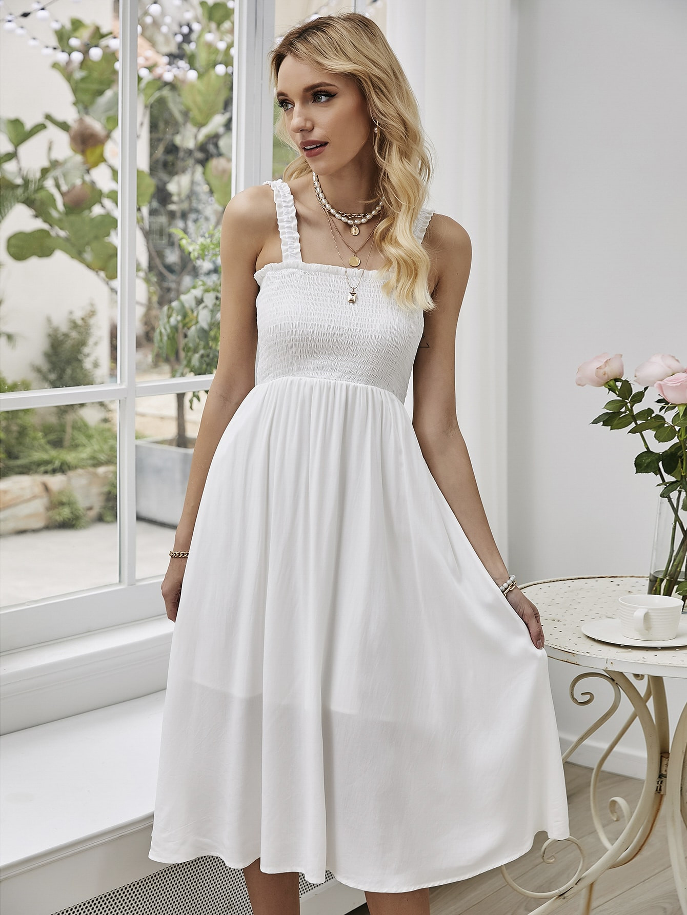 Solid Shirred Lettuce Trim Cami Dress | SHEIN