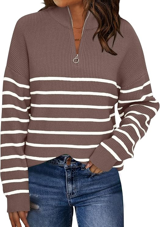 LILLUSORY Women's Quarter Zip Striped Oversized Sweater 2025 Mock Turtleneck Fall Fashion Outfit | Amazon (US)