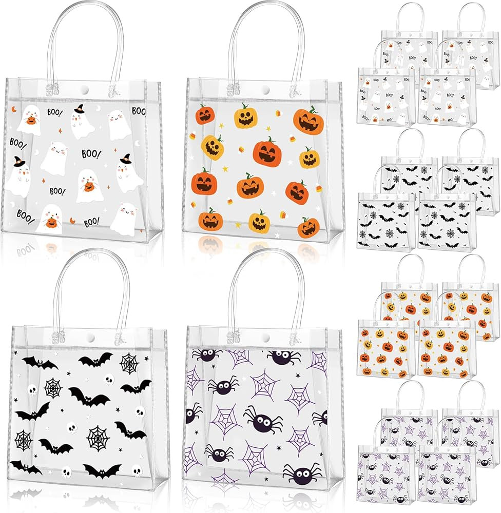 Aliceset 20 Pcs Halloween Clear Gift Bags with Handles Trick or Treat Plastic Bags Cute Pumpkin Halloween Tote Bag for Ghost Spider Party Favor Bags for Halloween Party Gifts Supplies, 8x8x3.15 Inch | Amazon (US)