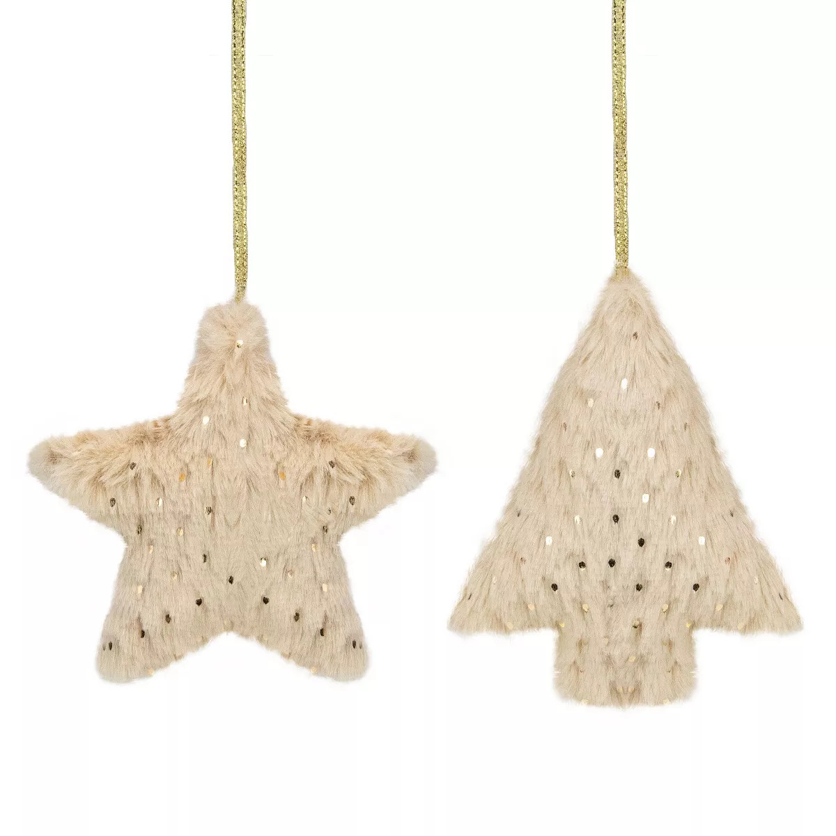 Northlight Set of 2 Beige Faux Fur Star and Christmas Tree With Sequin Ornaments - 4.25" | Target