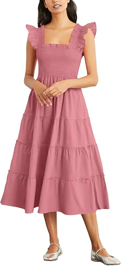 Rooscier Women's Square Neck Smocked Ruffle Sleeveless Sundress Tiered A Line Midi Dress | Amazon (US)