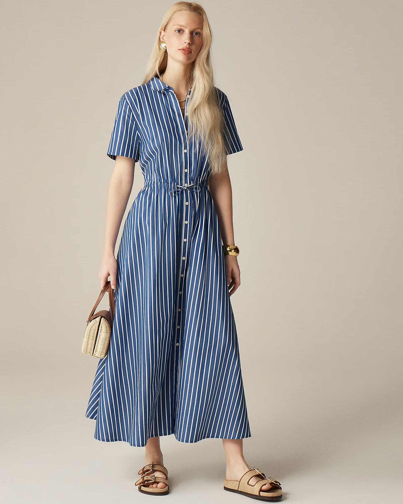 Shirred-waist shirtdress in striped poplin | J. Crew US