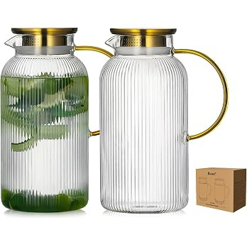 2 PACK Glass Pitcher with Lid, 68 oz/ 2L Classic Vertical Stripes Water Pitcher with Handle,Glass... | Amazon (US)