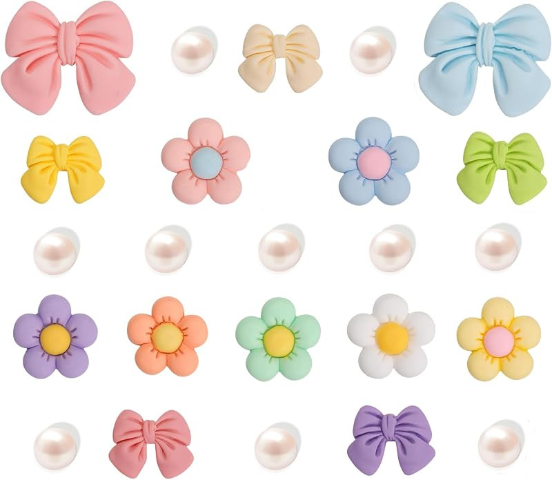 Resin Pink Bow Shoe Charms for Girls, 24Pcs Cute Flower Shoe Charms, DIY Pearl Shoe Decoration Ch... | Amazon (US)