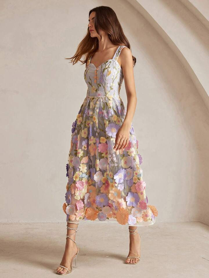 Anewsta Elegant 3D Floral Embroidered Mid-Length Slip Dress For Women Maxi Women Outfit | SHEIN