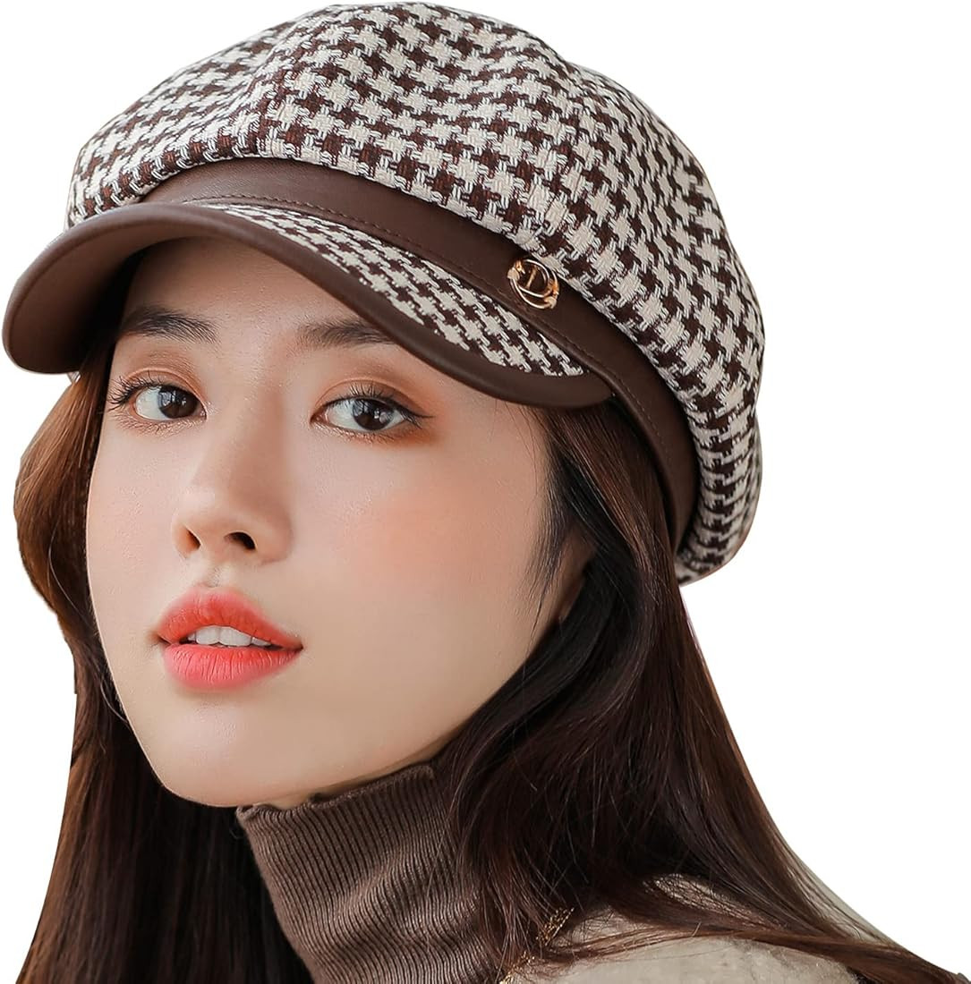 KORIXINE Women Beret Newsboy Caps French Hats Houndstooth Paperboy Hats for Girls Fall Fashion Leath | Amazon (US)