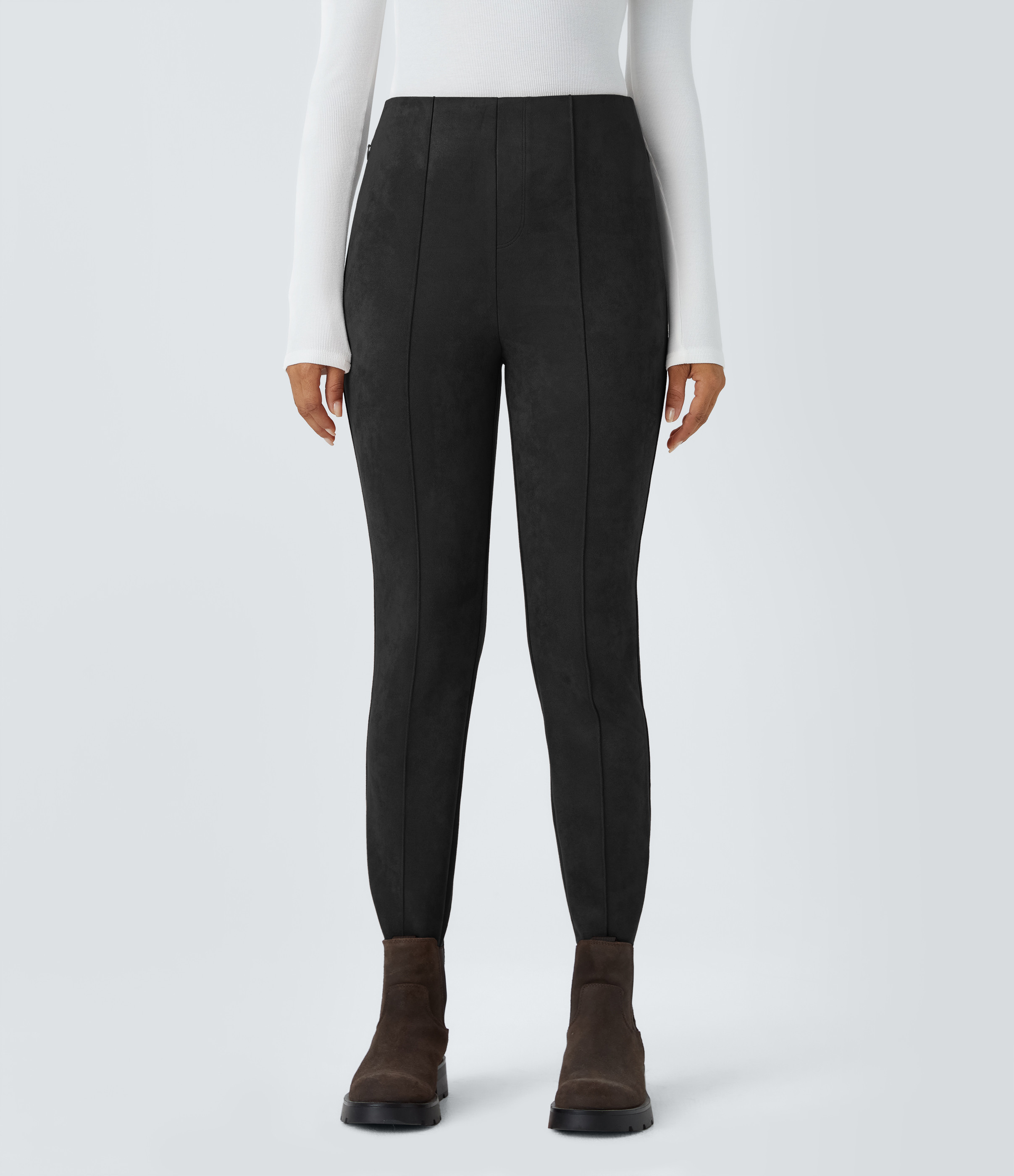Halara High Waisted Side Zipper Pocket Slim Suede Work Pants - Black - XS(regular) sweatpants jogger pants stacked sweatpants cargo joggers | HALARA