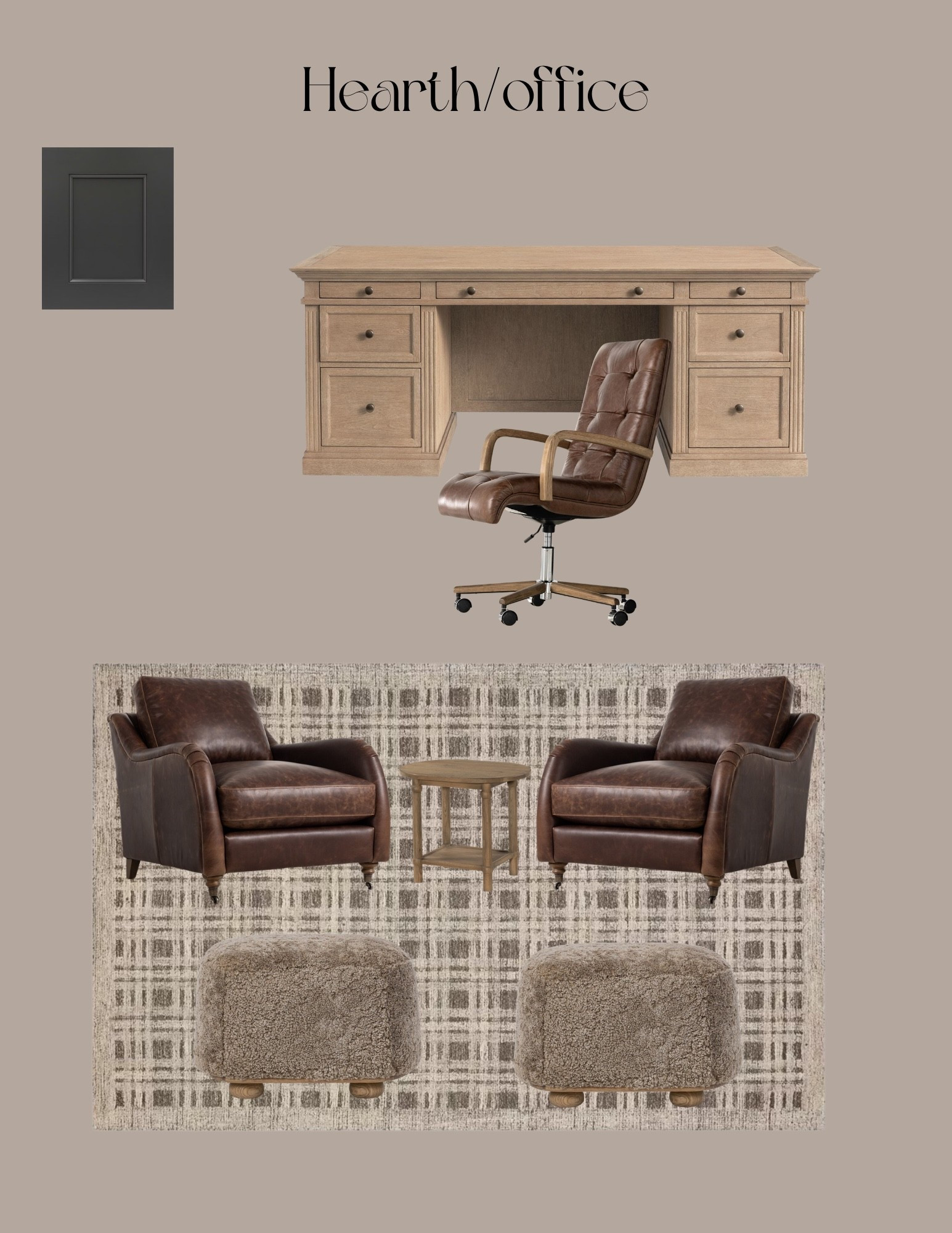 Desk, desk chair, leather chairs, shearling ottomans

#LTKHome