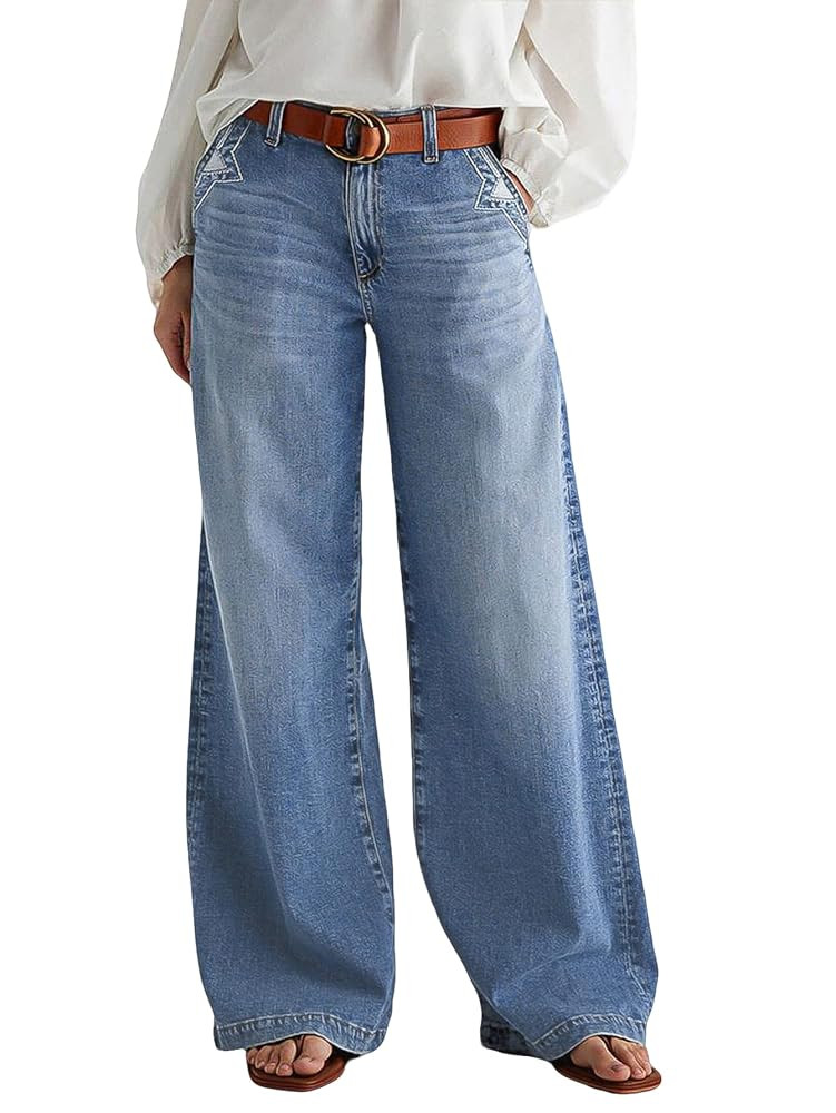 Flamingals Wide Leg Jeans for Women Mid Waist Baggy Stitch Decor Denim Washed Pants Without Belt | Amazon (US)