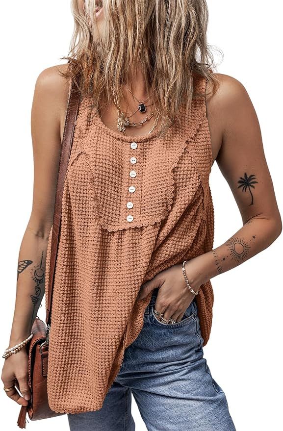 Dokotoo Tank Top for Women Scoop Neck Waffle Knit Sleeveless Shirts Lace Trim Blouses Tunic Tops | Amazon (US)