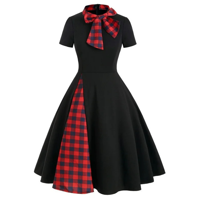 BEFOKA Women Short Sleeve Plaid Panel Bow Tie Vintage Rockabilly Style A Line Dress Black XL | Walmart (US)