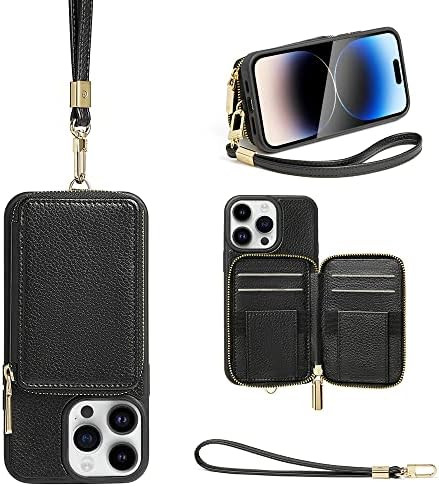 ZVE iPhone 14 Pro Max Wallet Case with Strap, Zipper Case with RFID Card Holder, Leather Handbag ... | Amazon (US)
