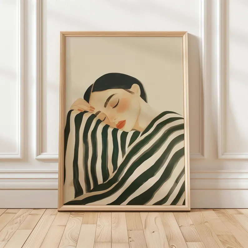 Abstract Emerald Green Woman Portrait, Striped Minimalist Print, Elegant Bedroom Wall Art, Serene... | Etsy (US)