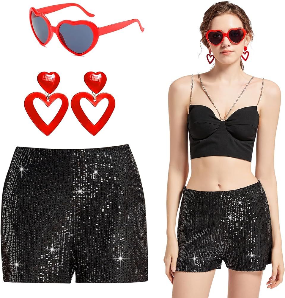 Sequin Shorts for Women High Waist Elastic with Heart Sunglasses Earrings Sparkly Glitter Party S... | Amazon (US)
