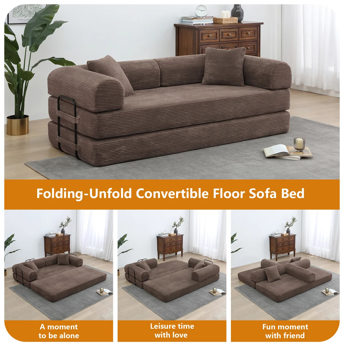 79" Corduroy Sleeper Sofa Boneless Modular Sofa Bed Compression Foam Couch Bed With 2 Pillows and... | Wayfair North America