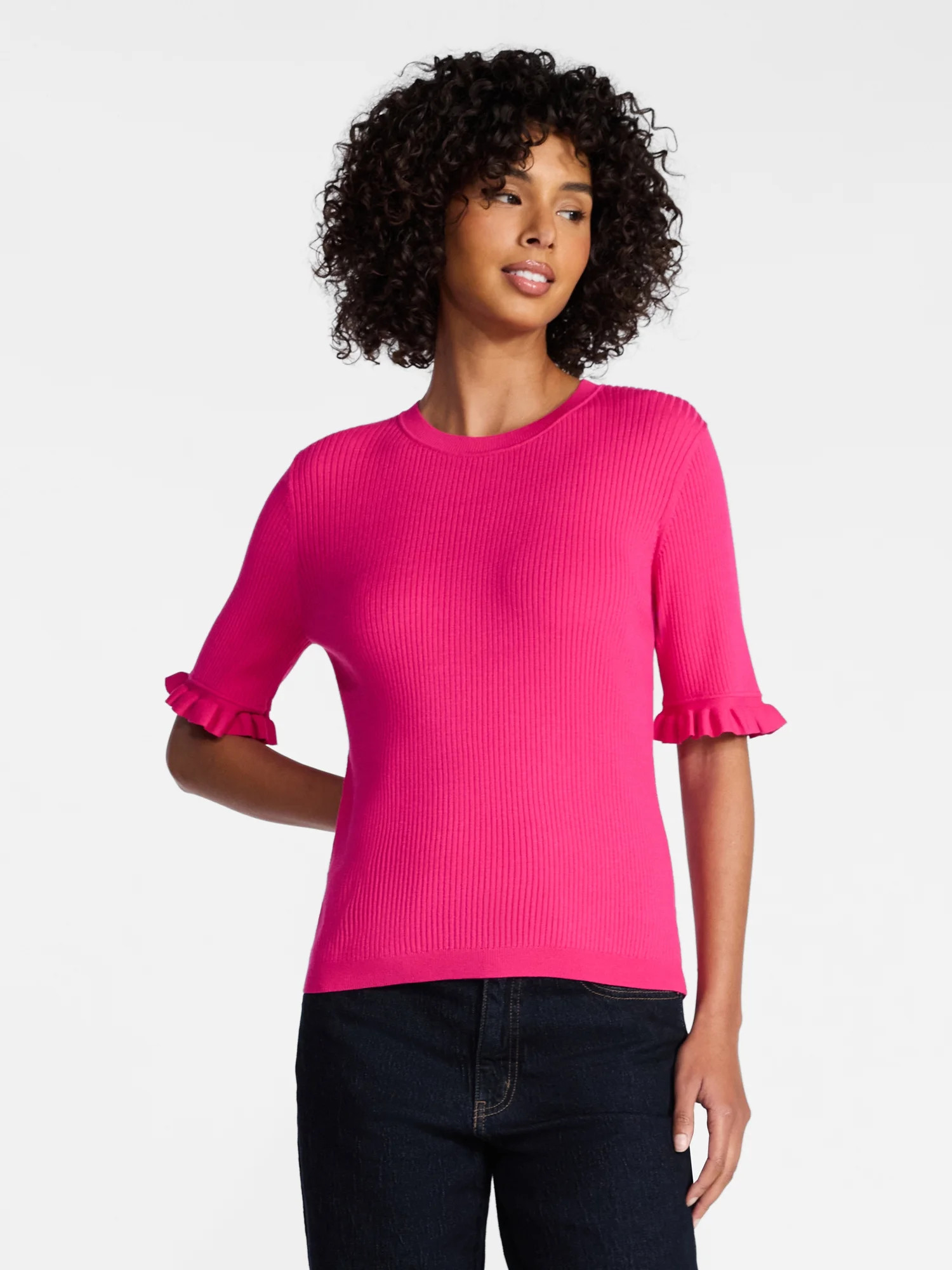Time and Tru Women's Ribbed Sweater with Flounce Sleeves, Midweight, Sizes XS-XXXL | Walmart (US)