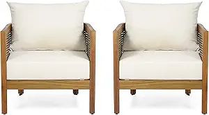 Christopher Knight Home Burchett Outdoor Acacia Wood Club Chairs with Cushions, Teak Finish, Mixe... | Amazon (US)