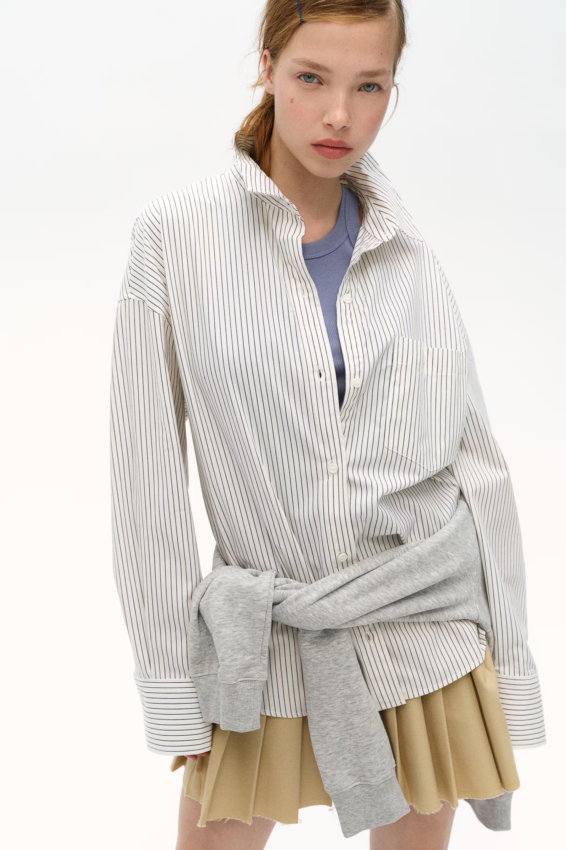 Oversized Cotton Shirt - Long sleeve - Long - White/striped - Ladies | H&M US | H&M (US + CA)