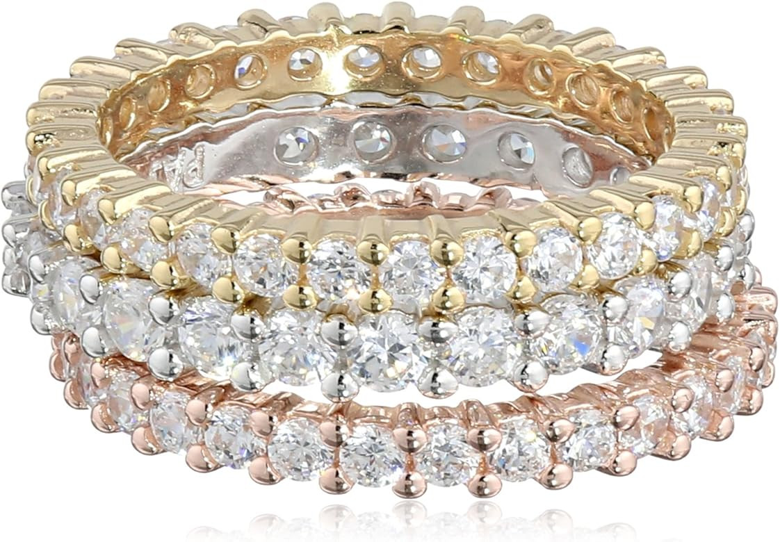 Amazon Collection Sterling Silver Cubic Zirconia All-Around Band Stacking Ring Set (Set of 3) | Amazon (US)